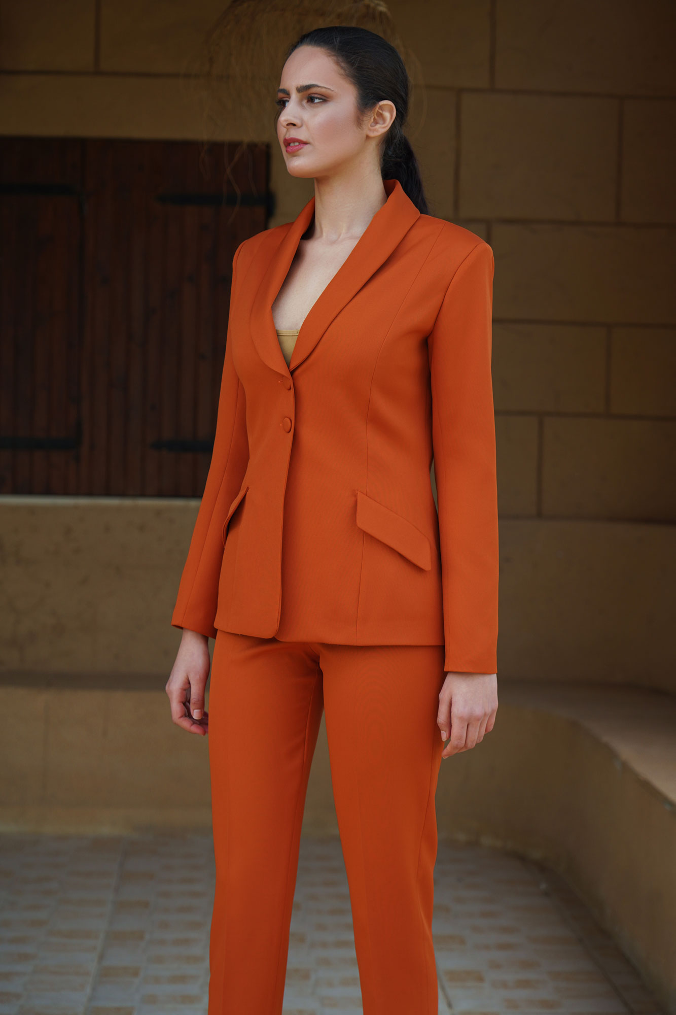 Two Pieces Orange Cinching Single Breasted Suit