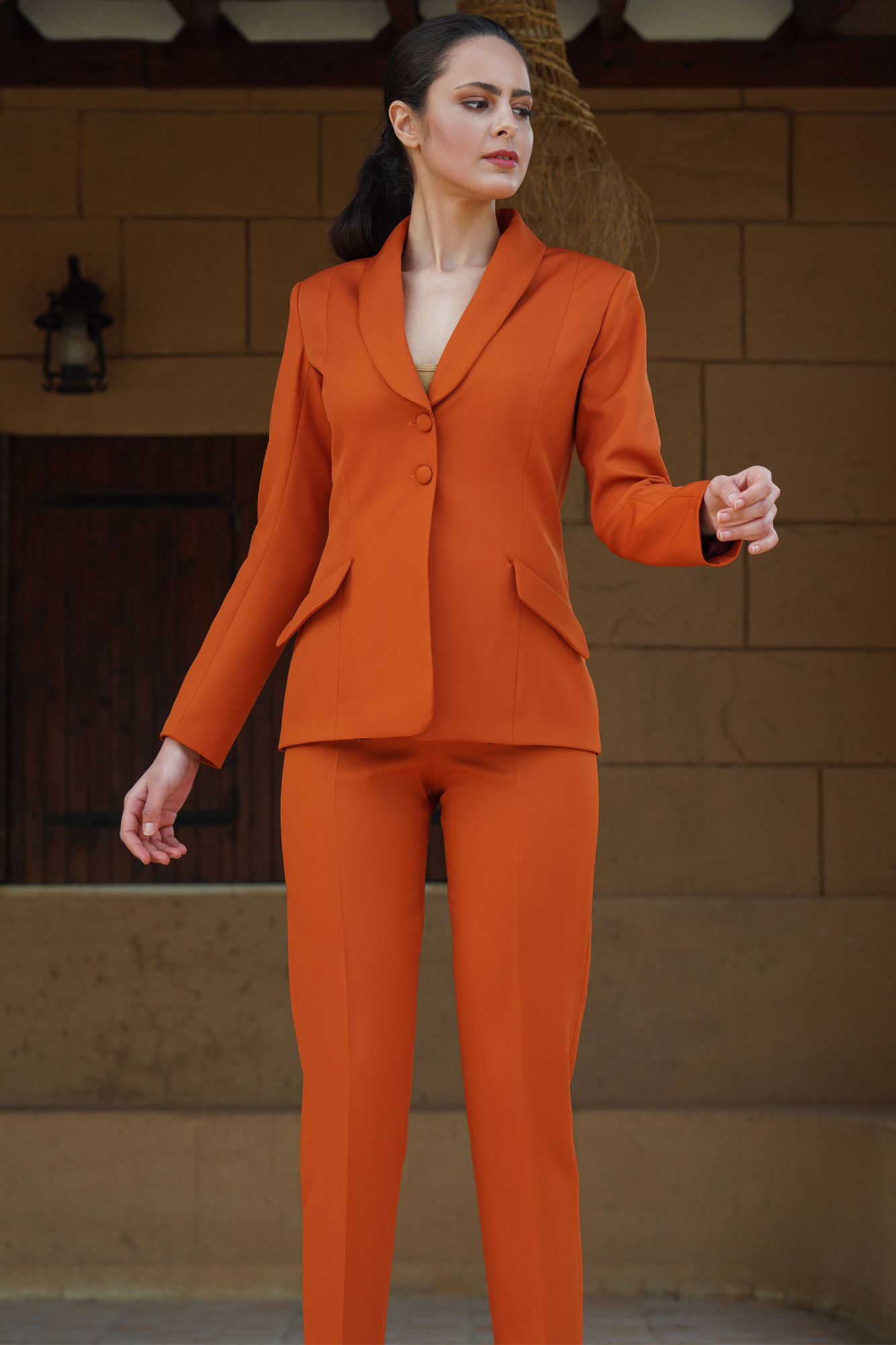 Two Pieces Orange Cinching Single Breasted Suit