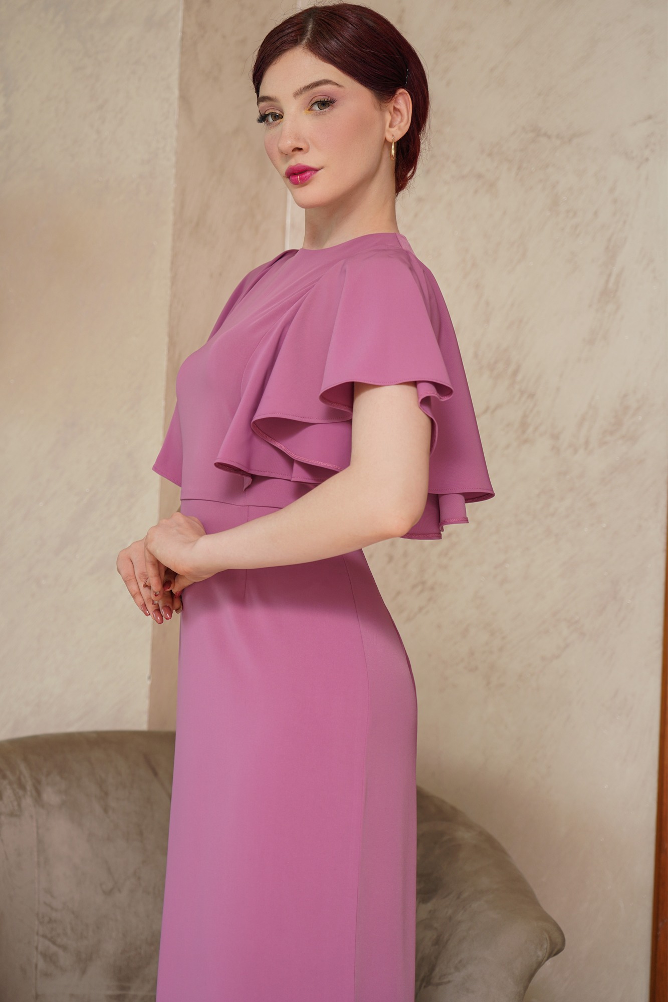 Butterfly Sleeve Pink Tea Length Dress