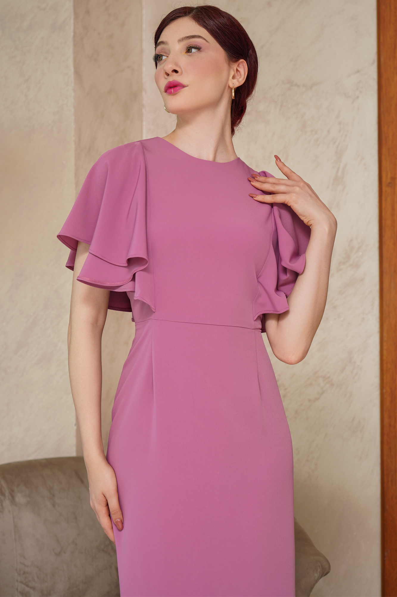 Butterfly Sleeve Pink Tea Length Dress