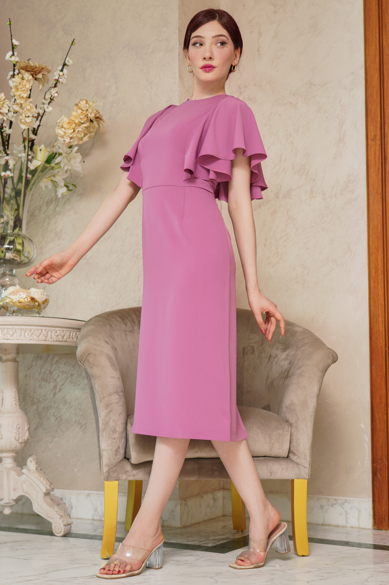 Butterfly Sleeve Pink Tea Length Dress