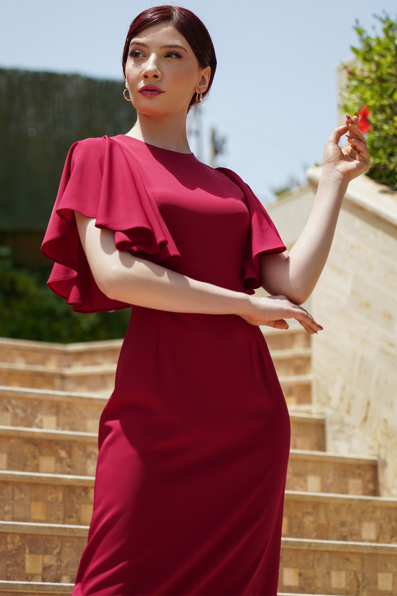 Butterfly Sleeve Red Tea Length Dress