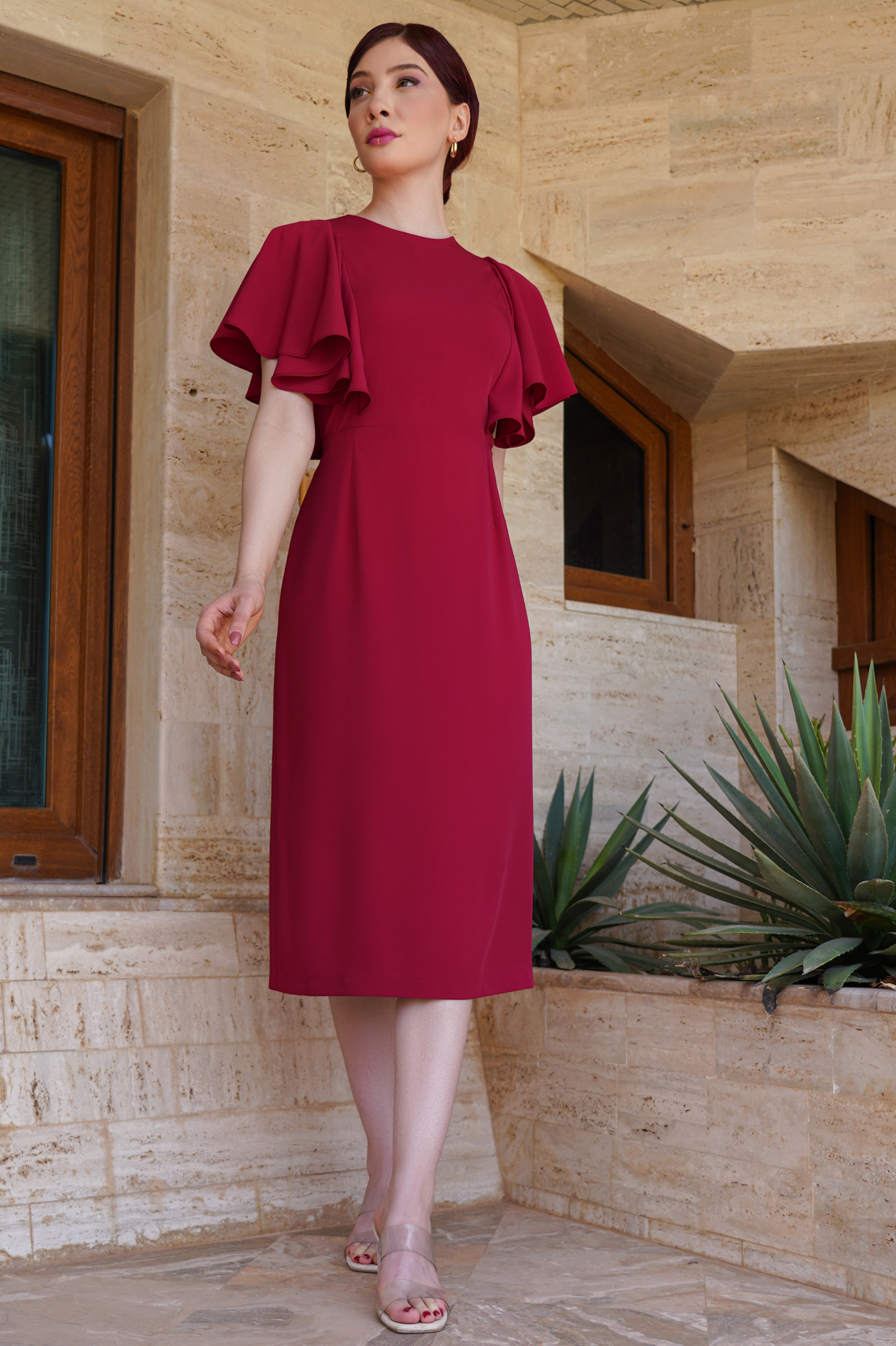 Butterfly Sleeve Red Tea Length Dress