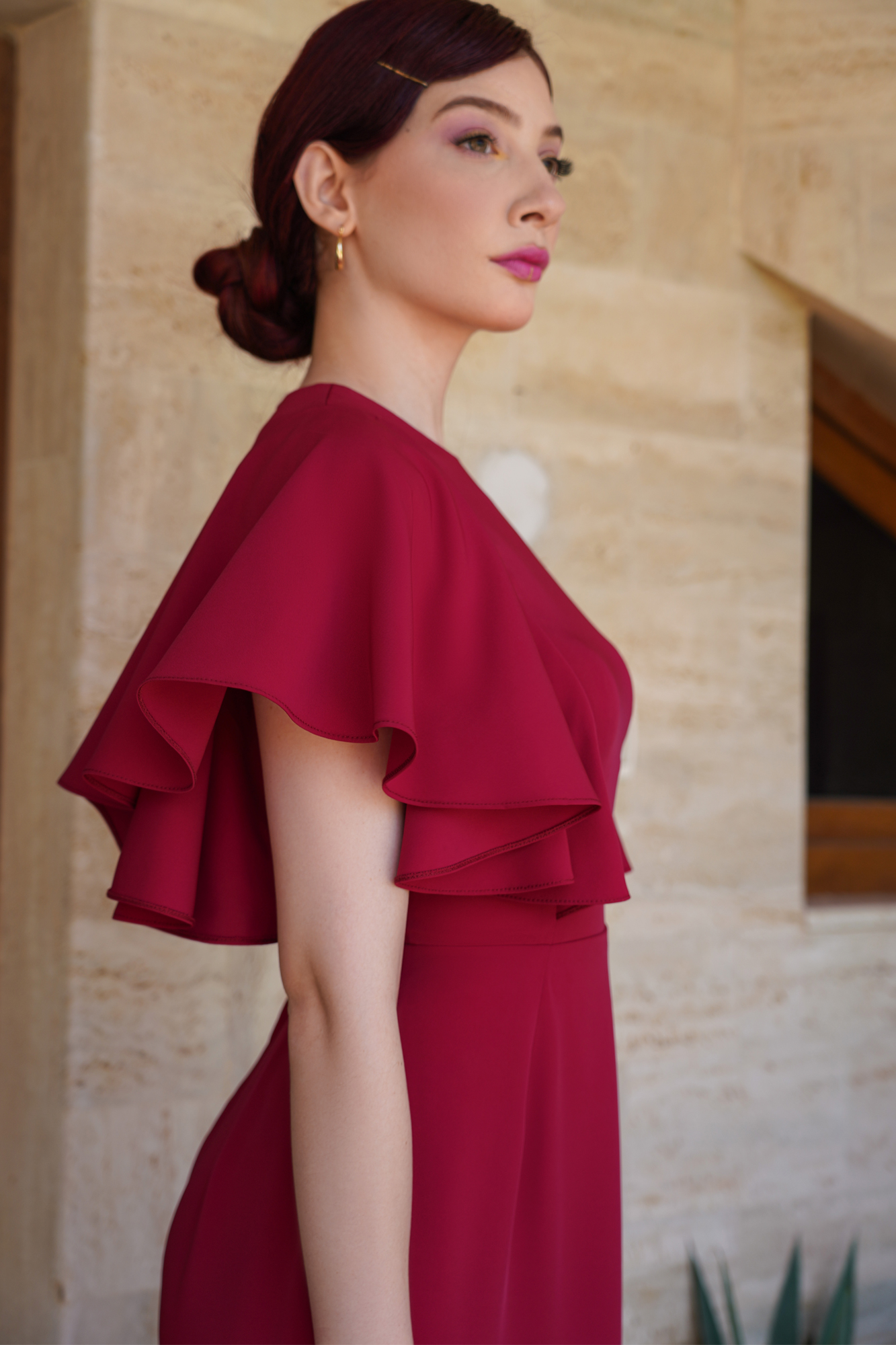 Butterfly Sleeve Red Tea Length Dress