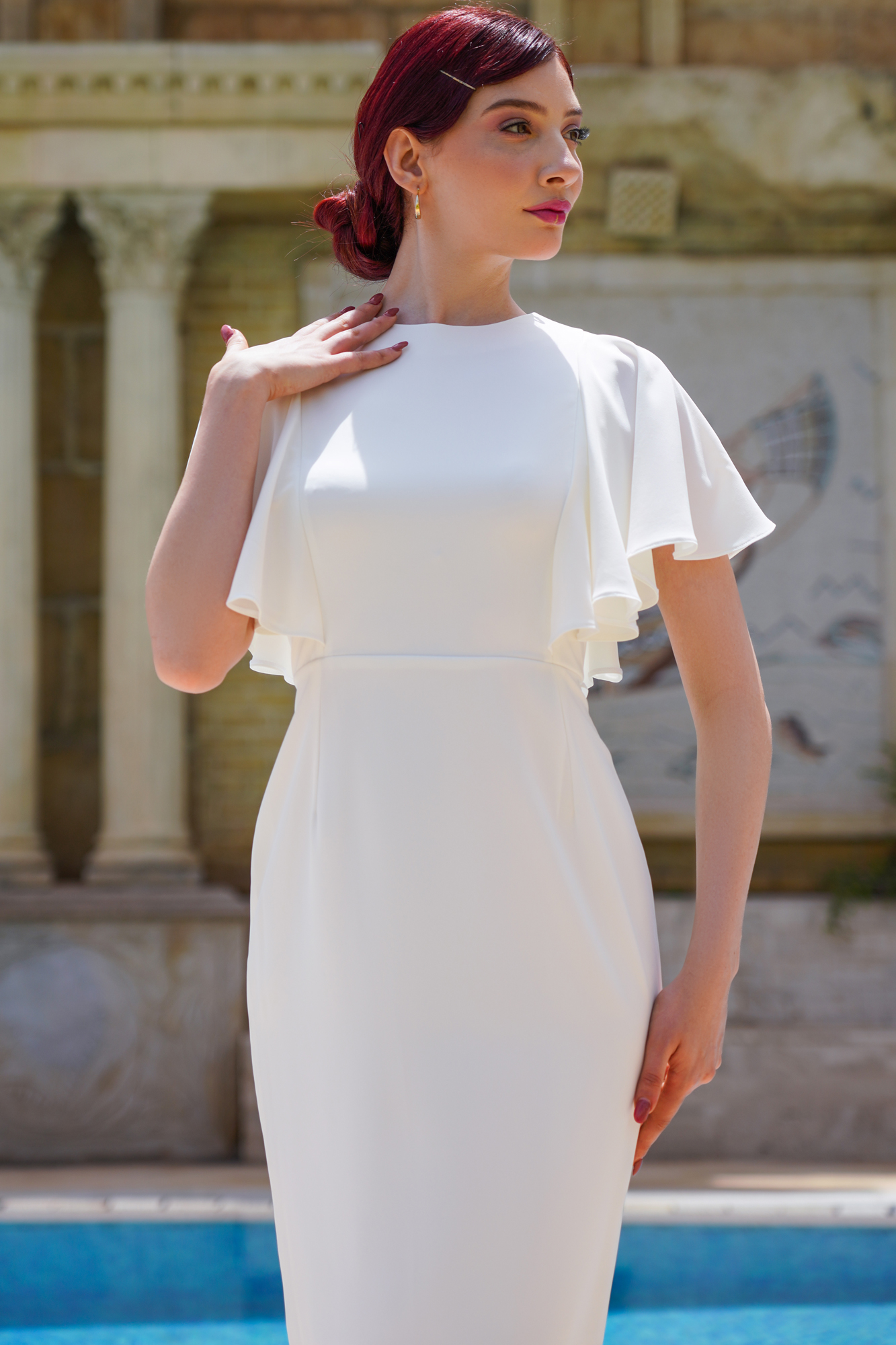 Butterfly Sleeve White Tea Length Dress