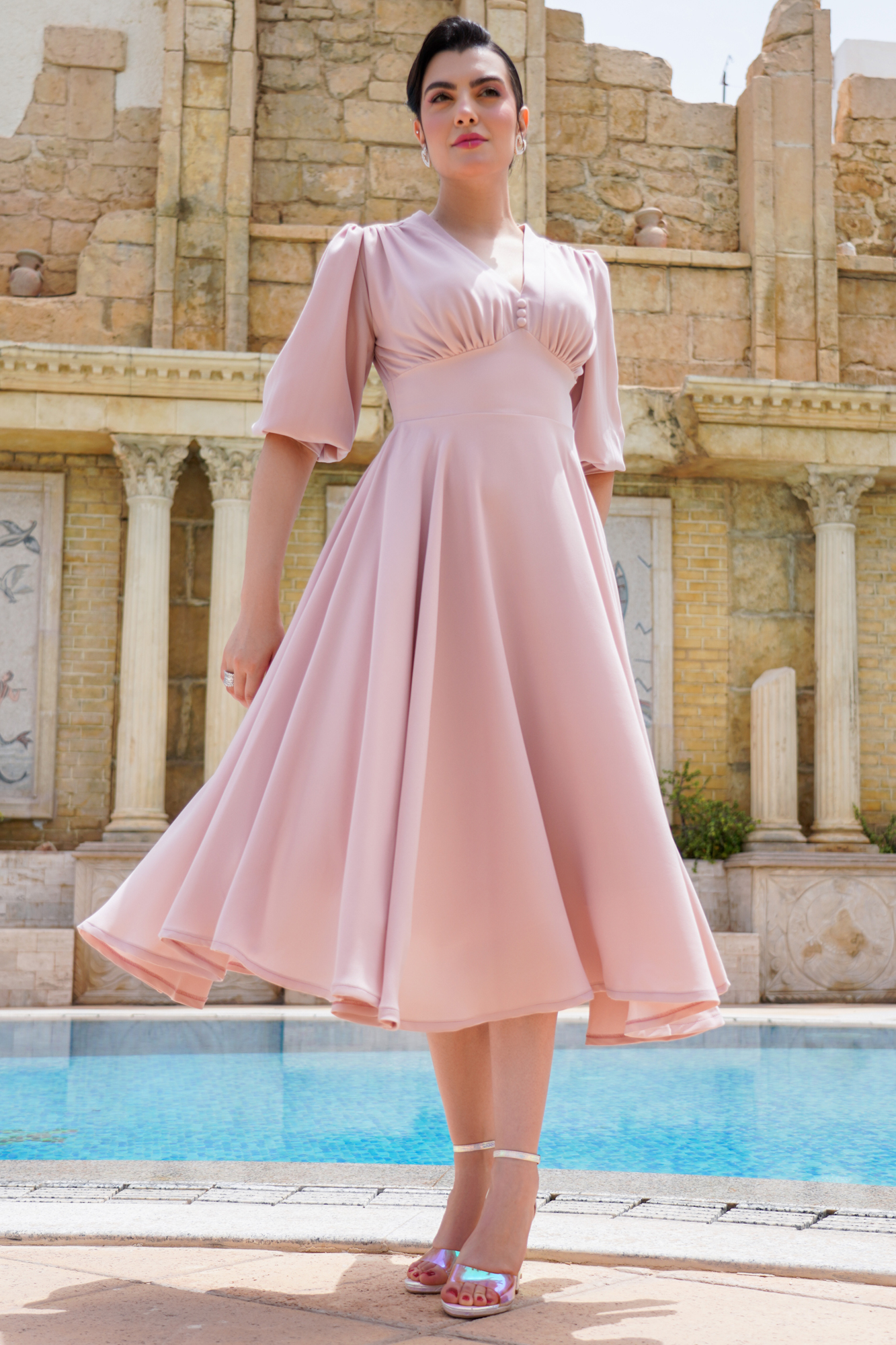 Empire Waist Pink Dress With Voluminous Skirt