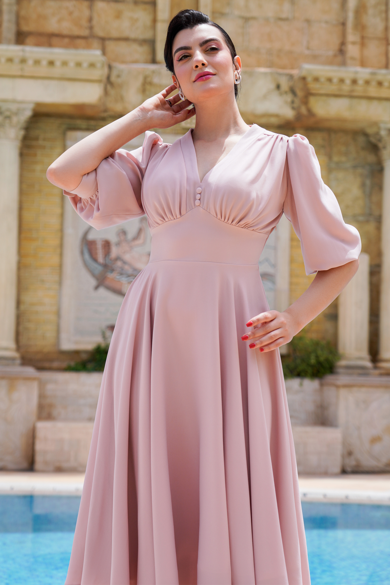 Empire Waist Pink Dress With Voluminous Skirt