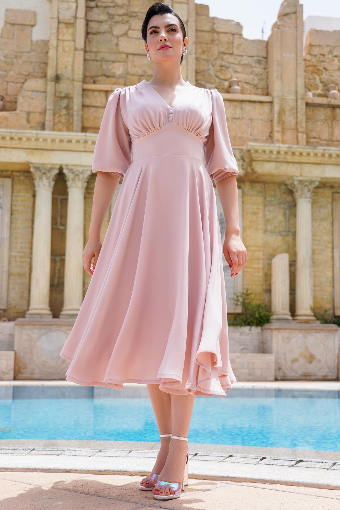 Empire Waist Pink Dress With Voluminous Skirt