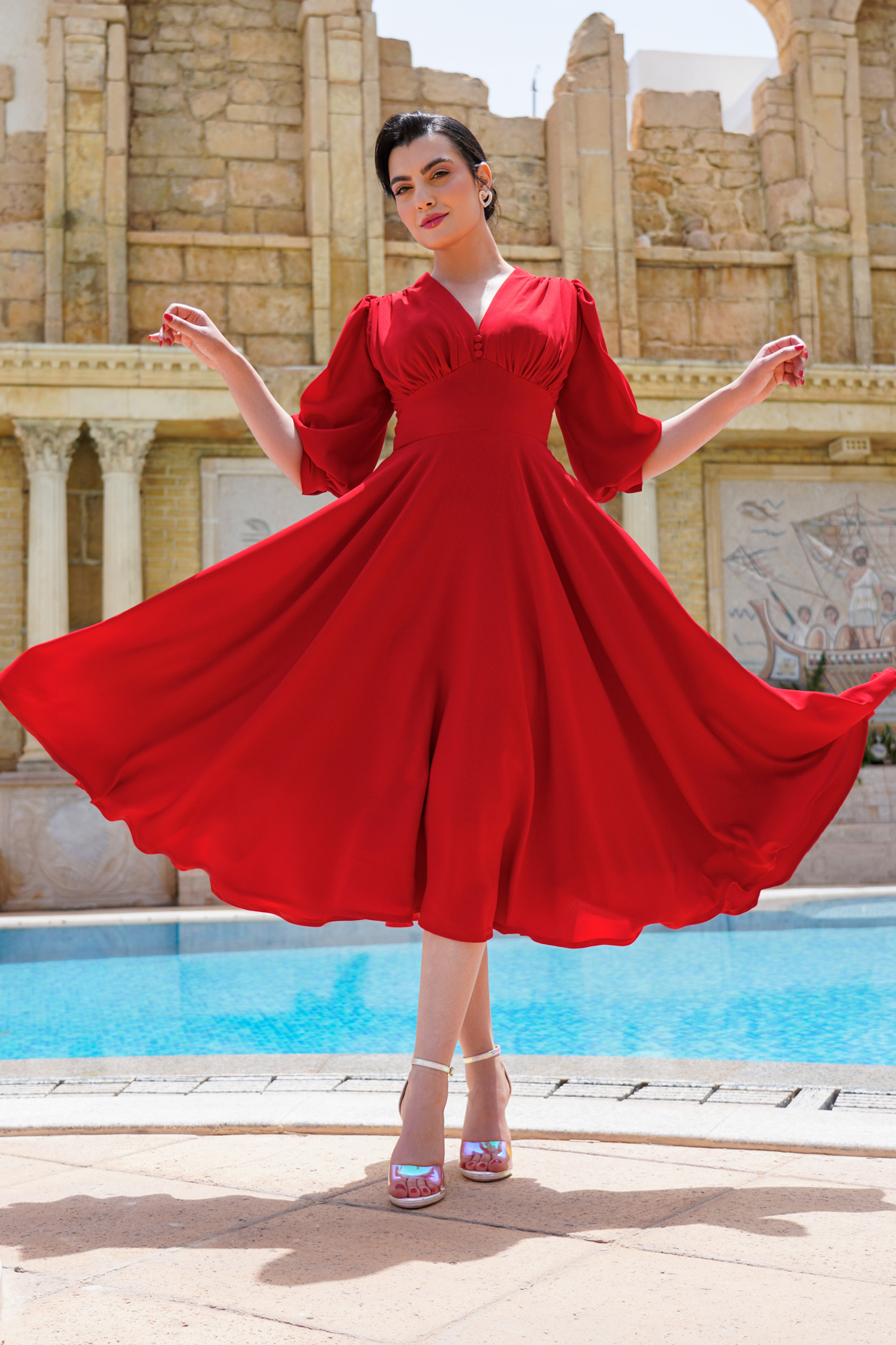 Empire Waist Red Dress With Voluminous Skirt