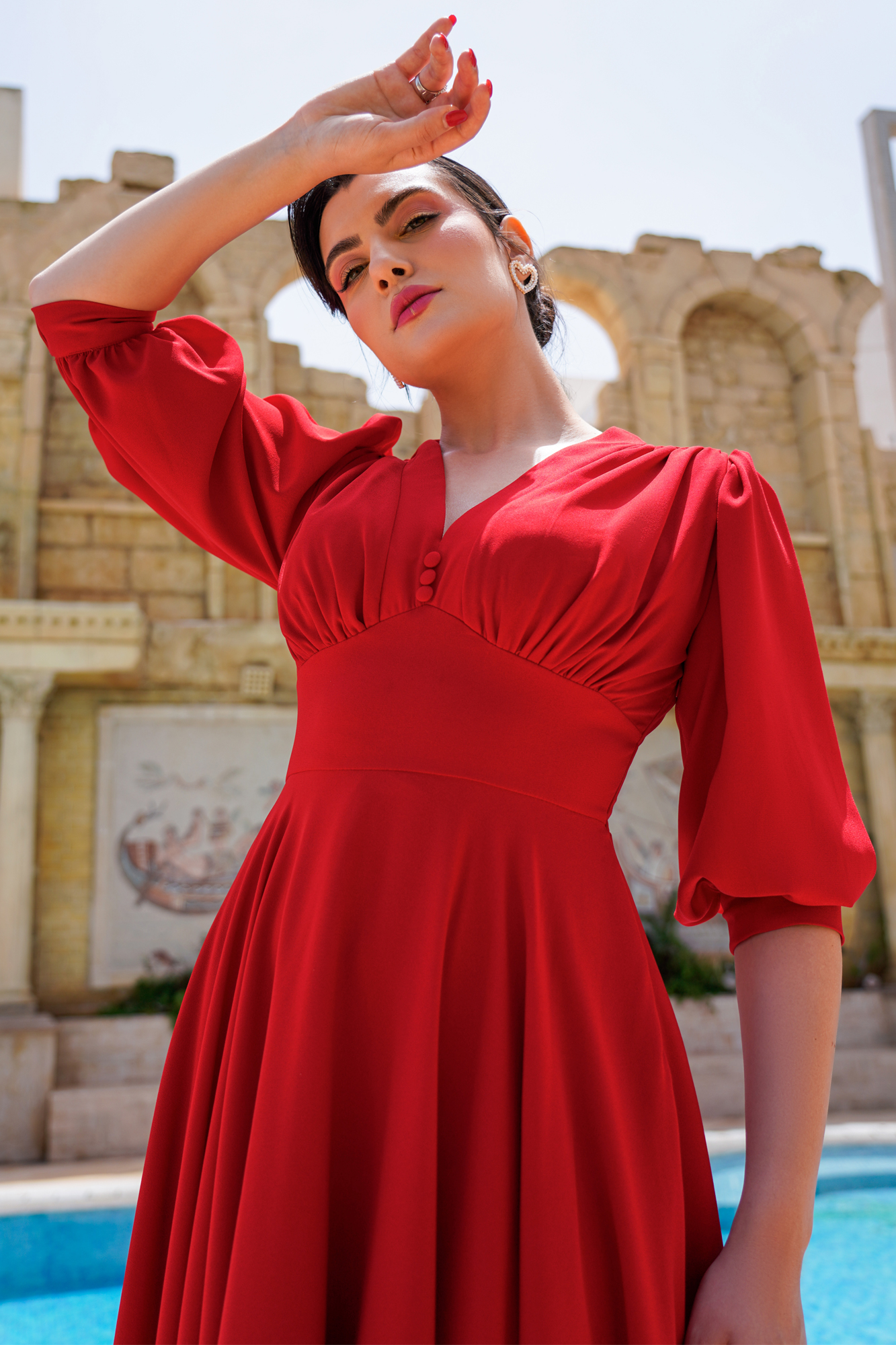 Empire Waist Red Dress With Voluminous Skirt