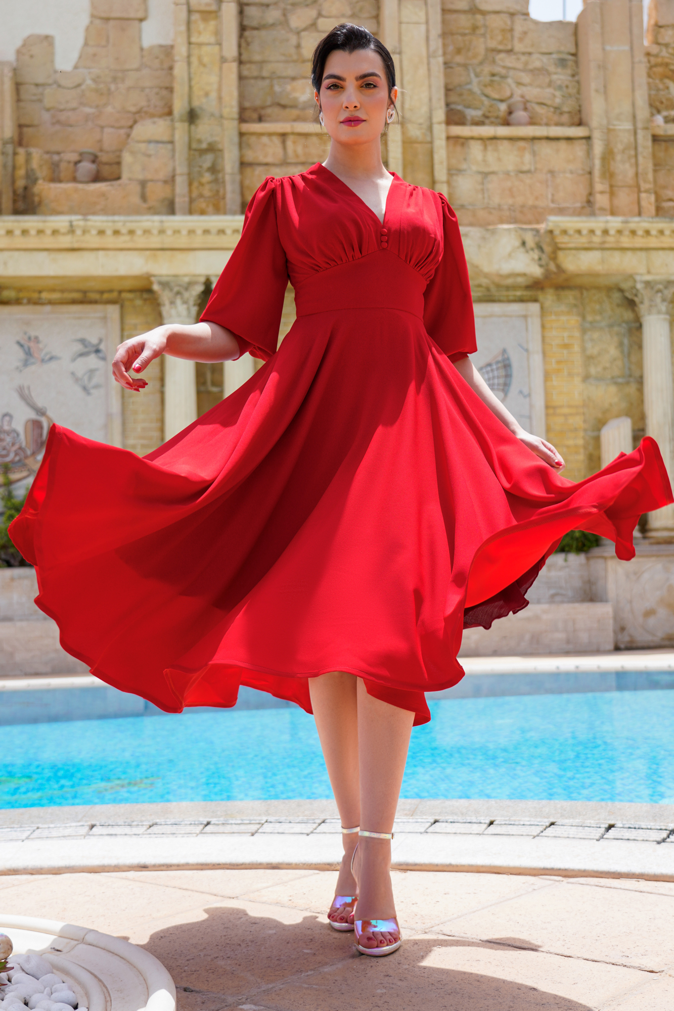 Empire Waist Red Dress With Voluminous Skirt