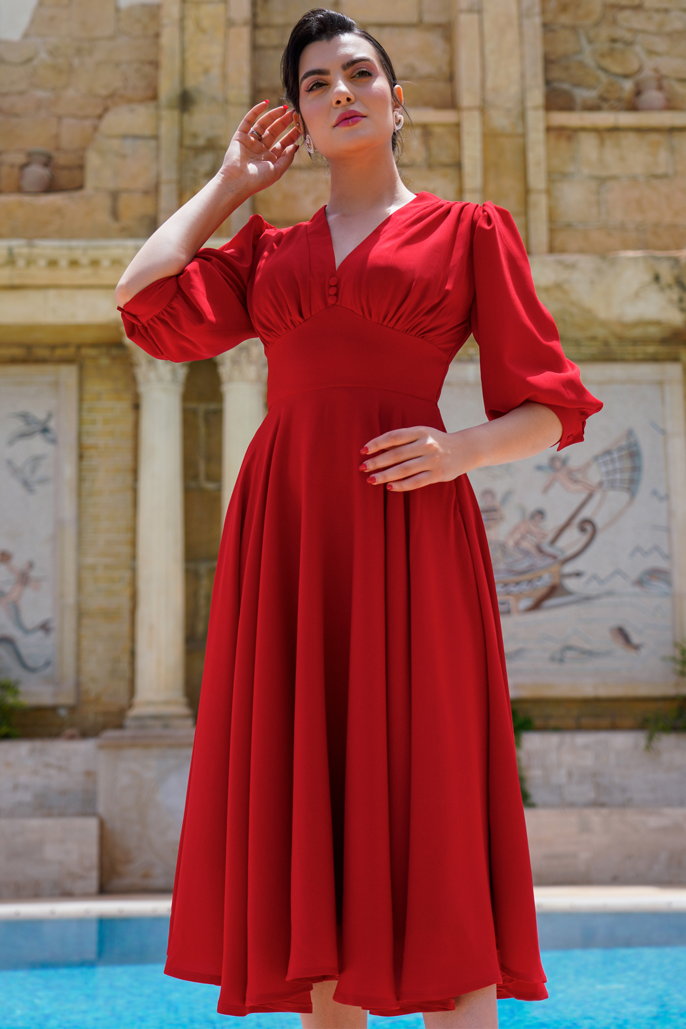 Empire Waist Red Dress With Voluminous Skirt