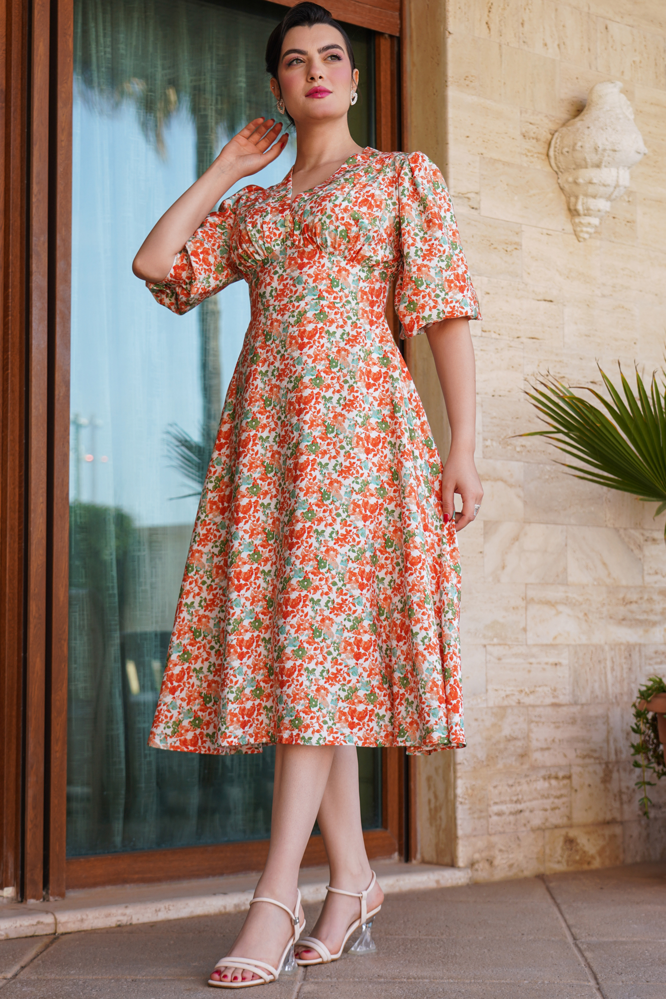 Flared Orange Printed V-Neck Midi Dress