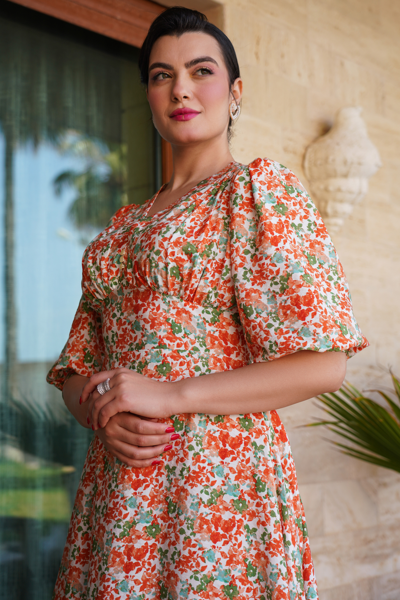 Flared Orange Printed V-Neck Midi Dress