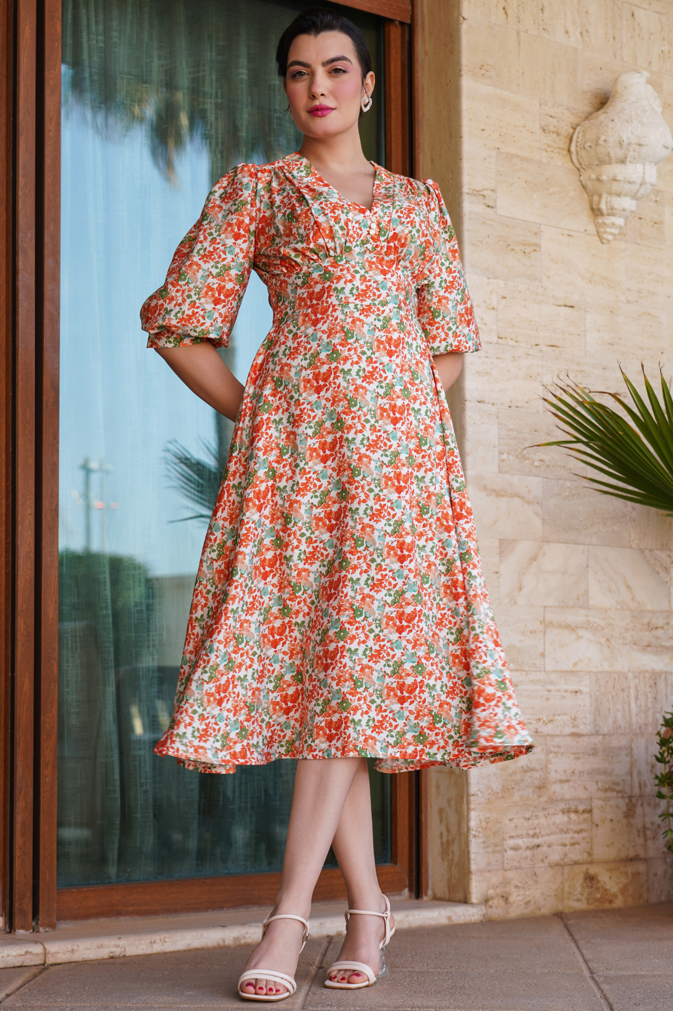 Flared Orange Printed V-Neck Midi Dress