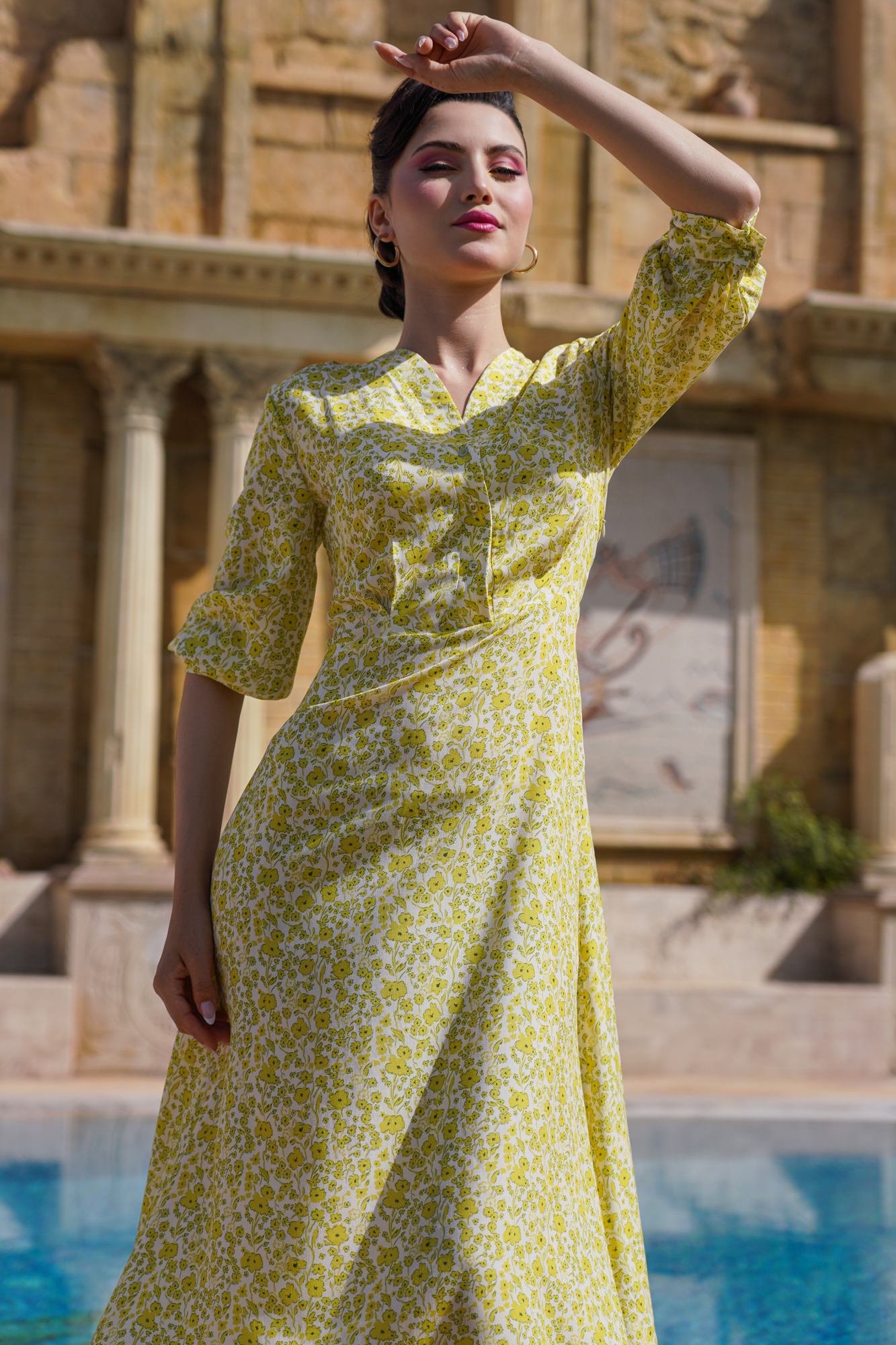 Flared Yellow Printed V-Neck Midi Dress