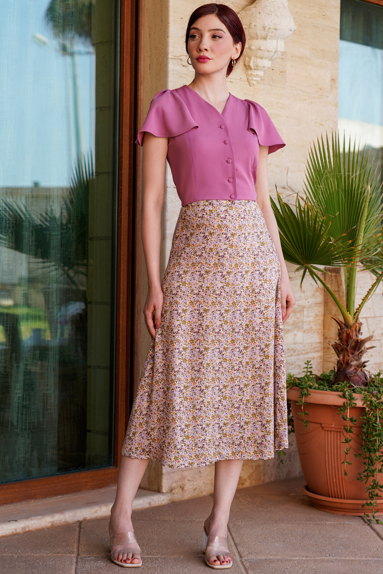 Flatter Sleeve V-Neck Pink Shirt And Skirt