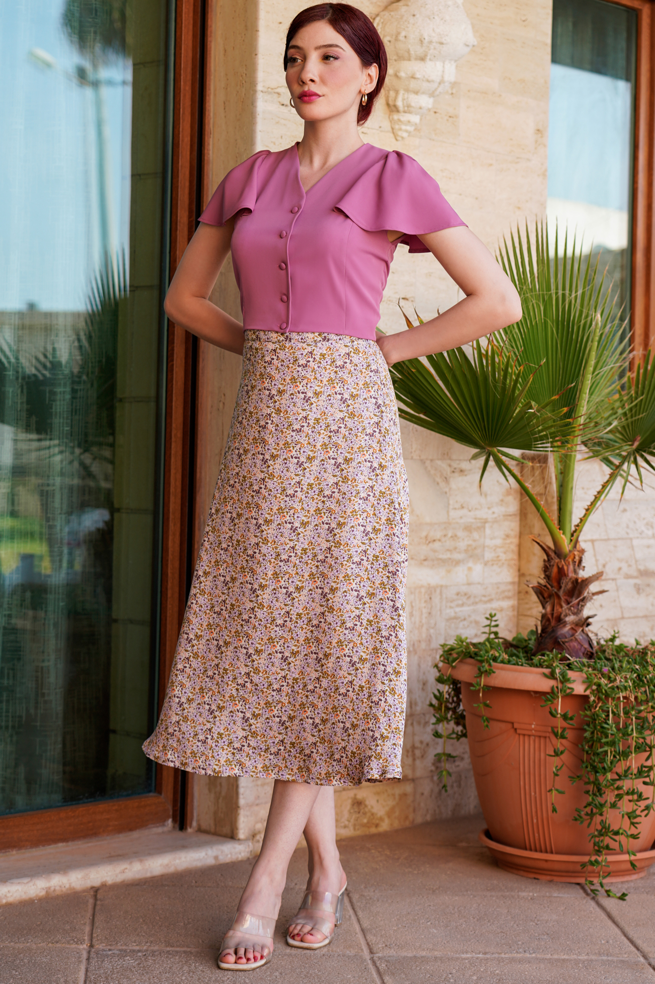 Flatter Sleeve V-Neck Pink Shirt And Skirt