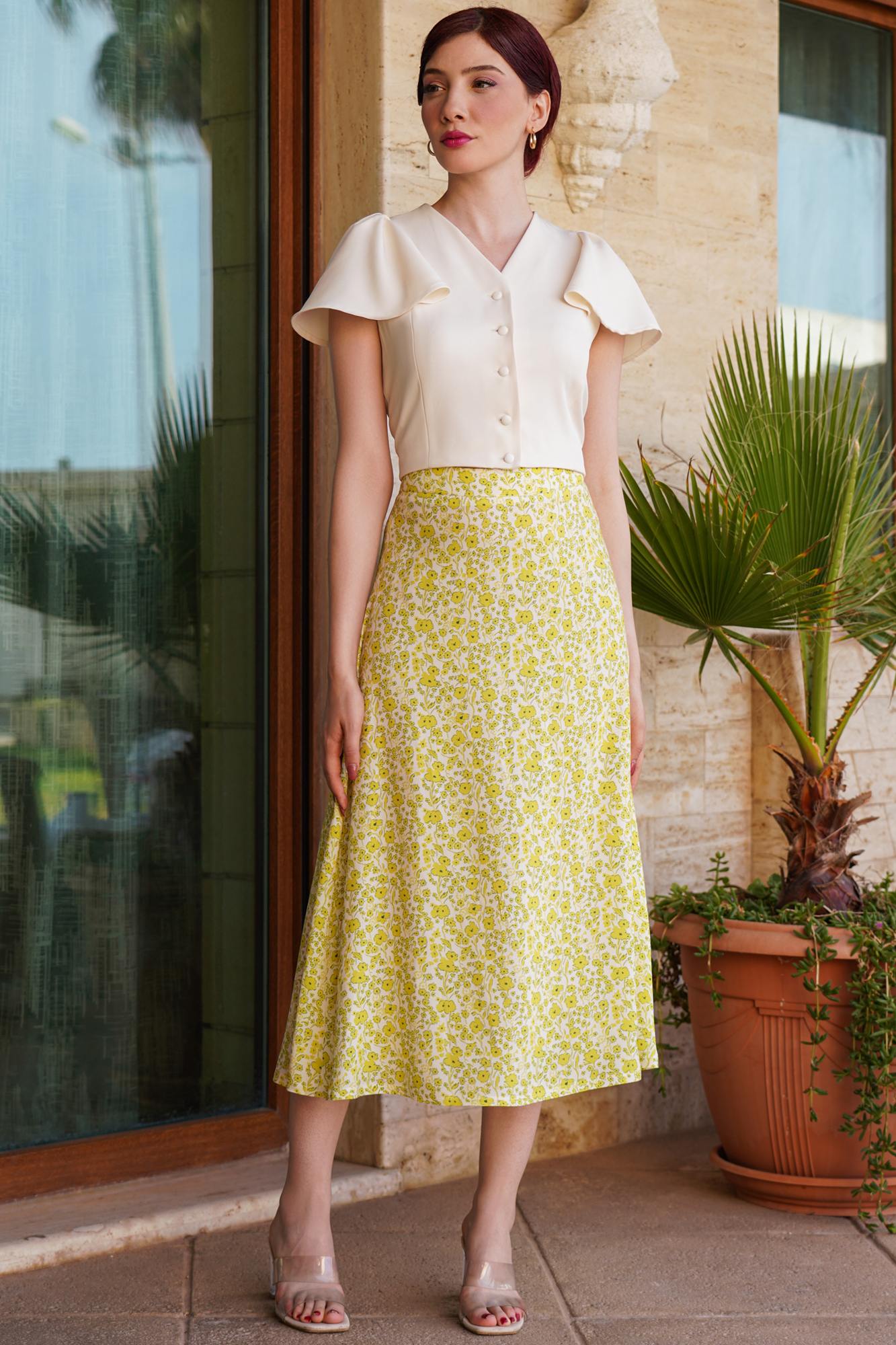 Flatter Sleeve V-Neck White Shirt And Skirt