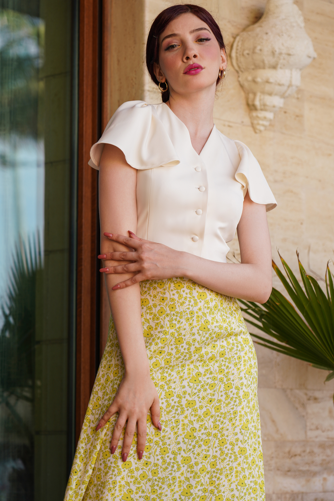 Flatter Sleeve V-Neck White Shirt And Skirt