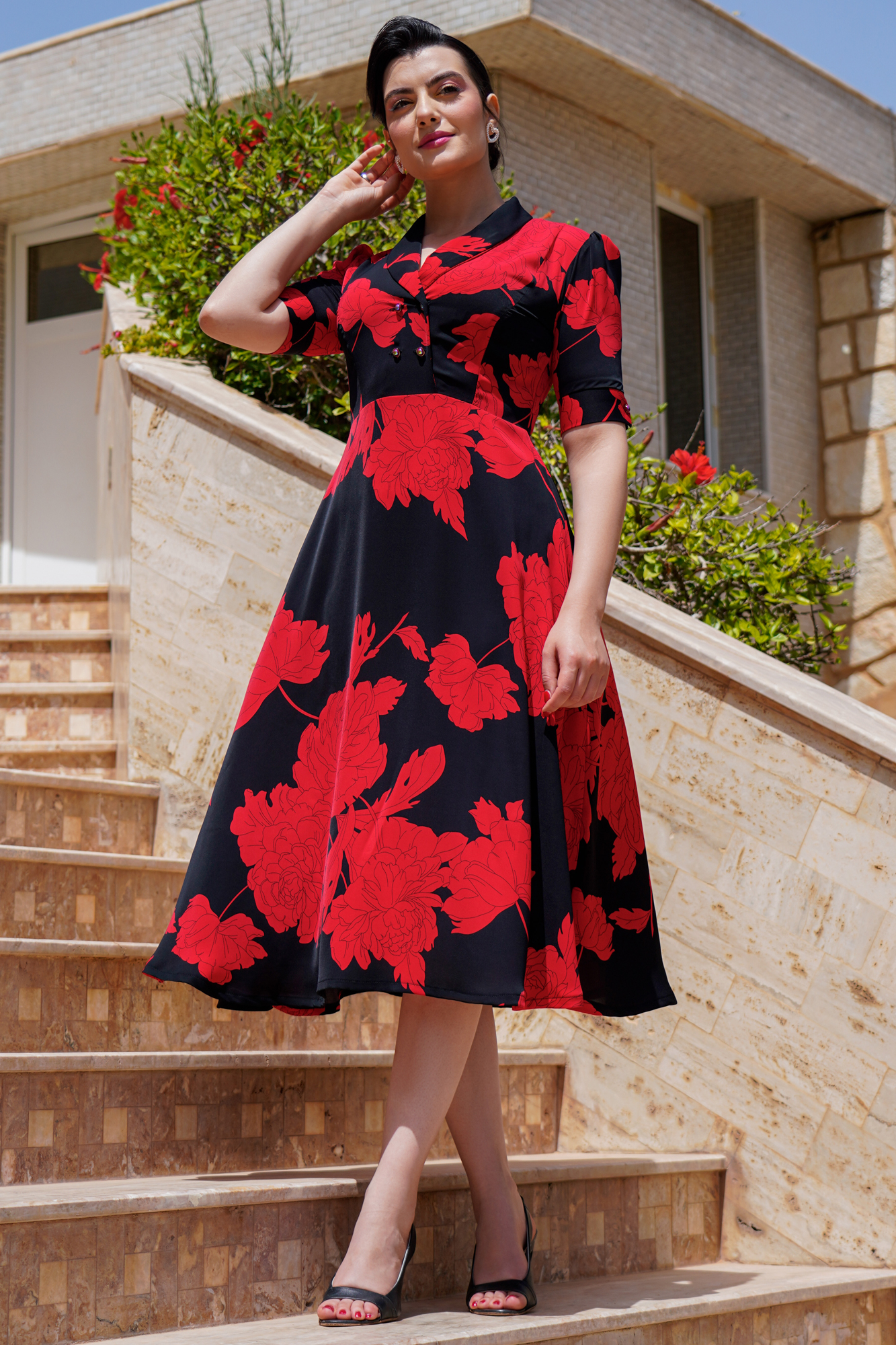 Retro Rose Lantern Swing Dress