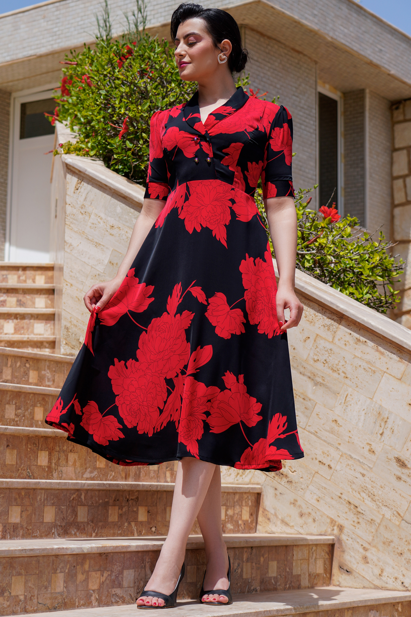 Retro Rose Lantern Swing Dress