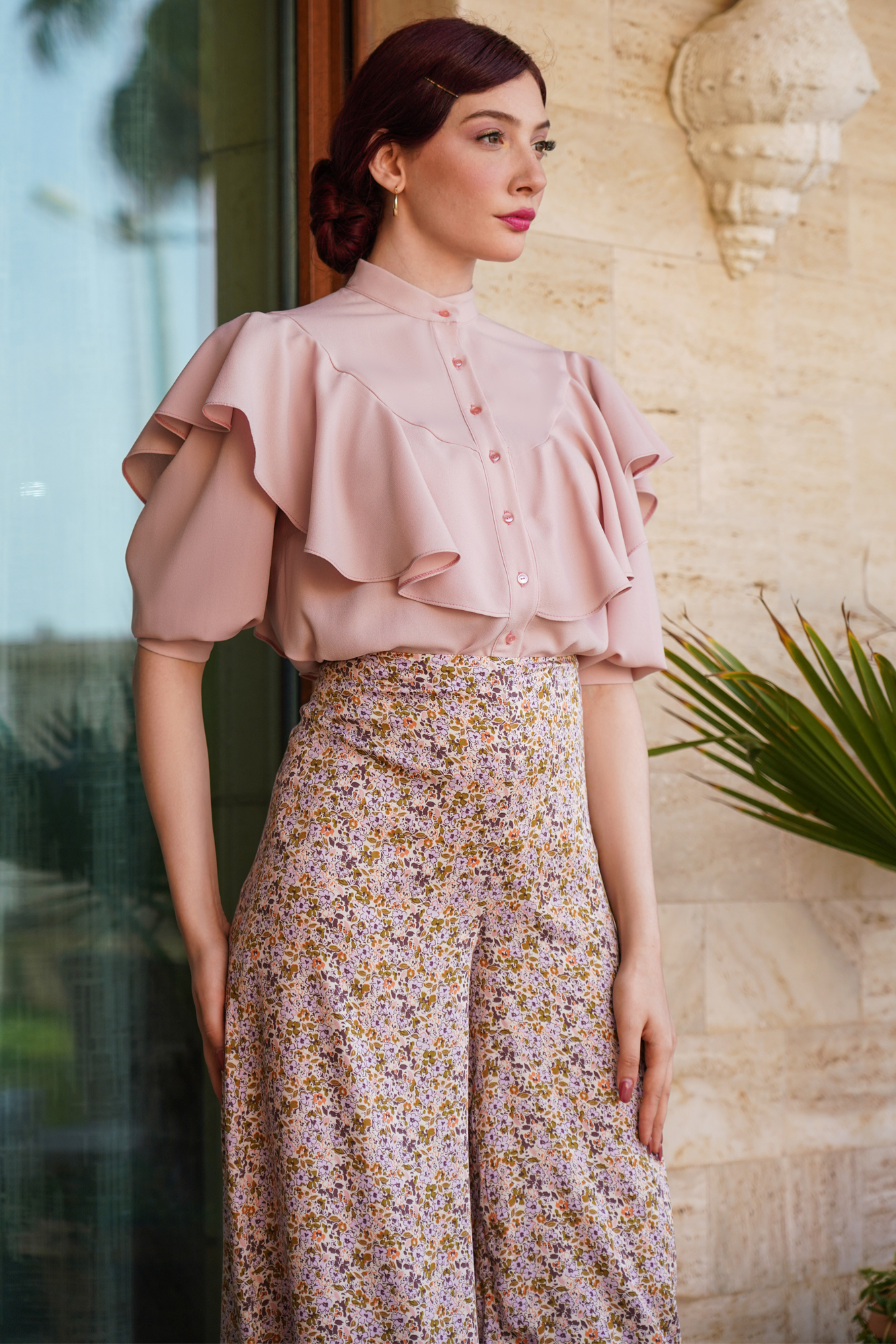 Ruffle-trim Button-up Shirt In Pink And Pants