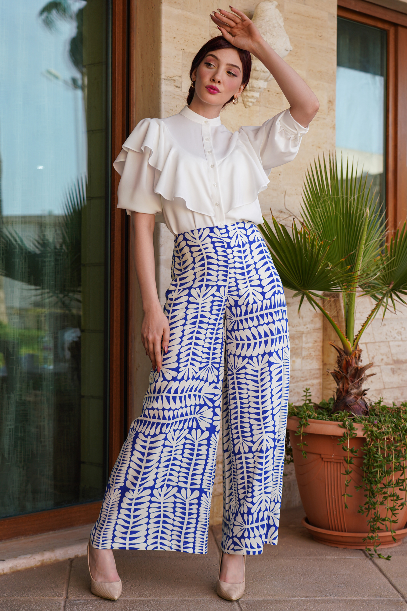 Ruffle-trim Button-up Shirt In White