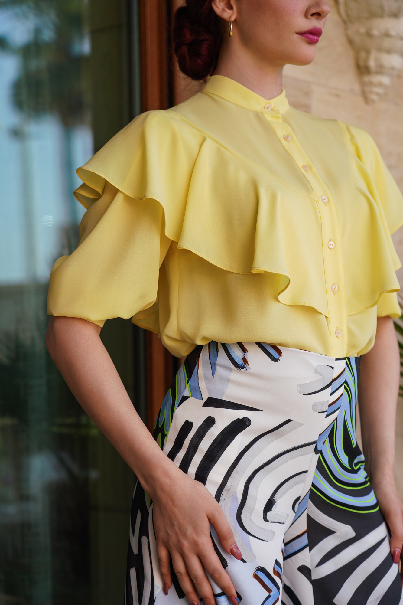 Ruffle-trim Button-up Shirt In Yellow