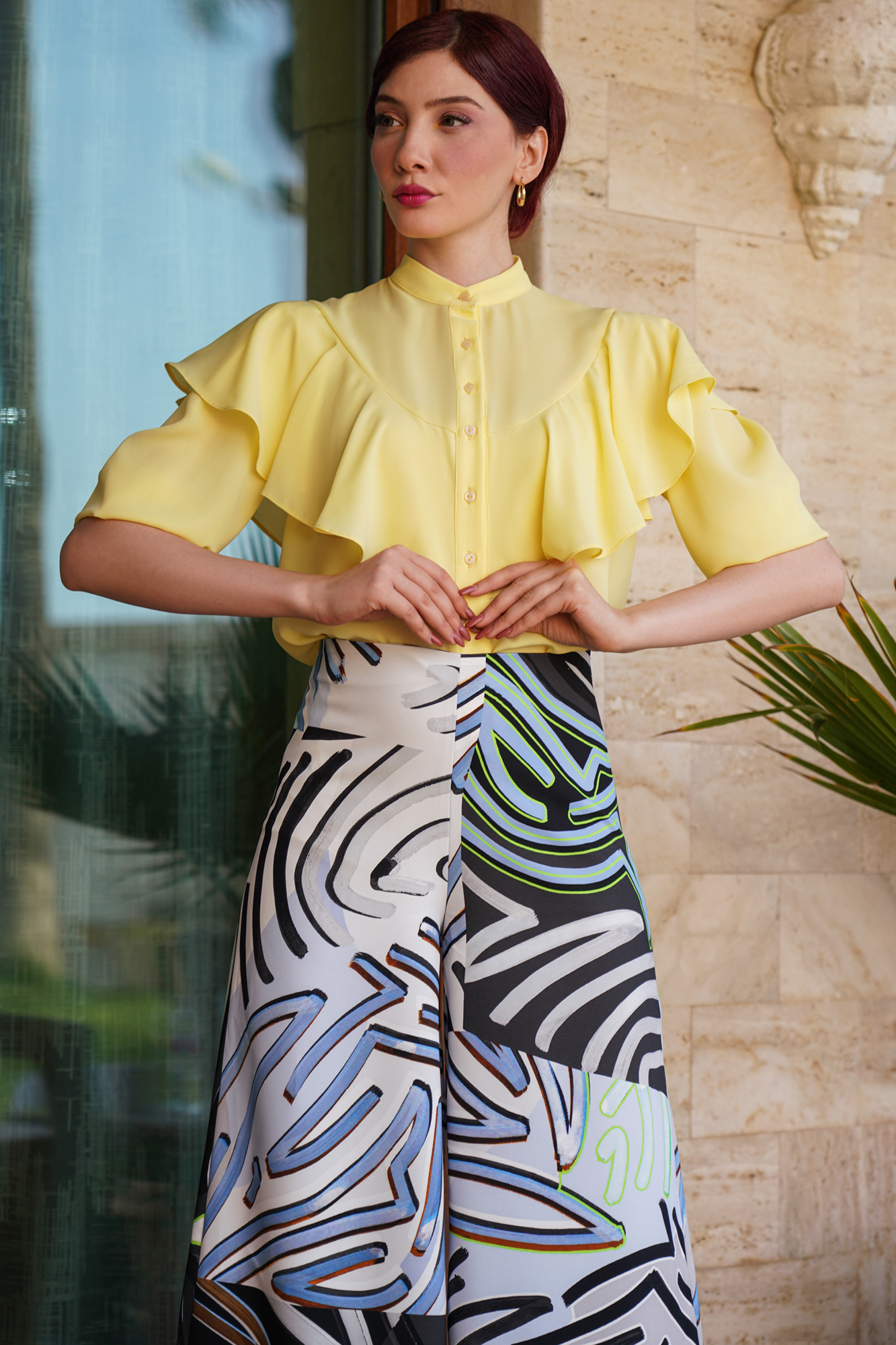 Ruffle-trim Button-up Shirt In Yellow