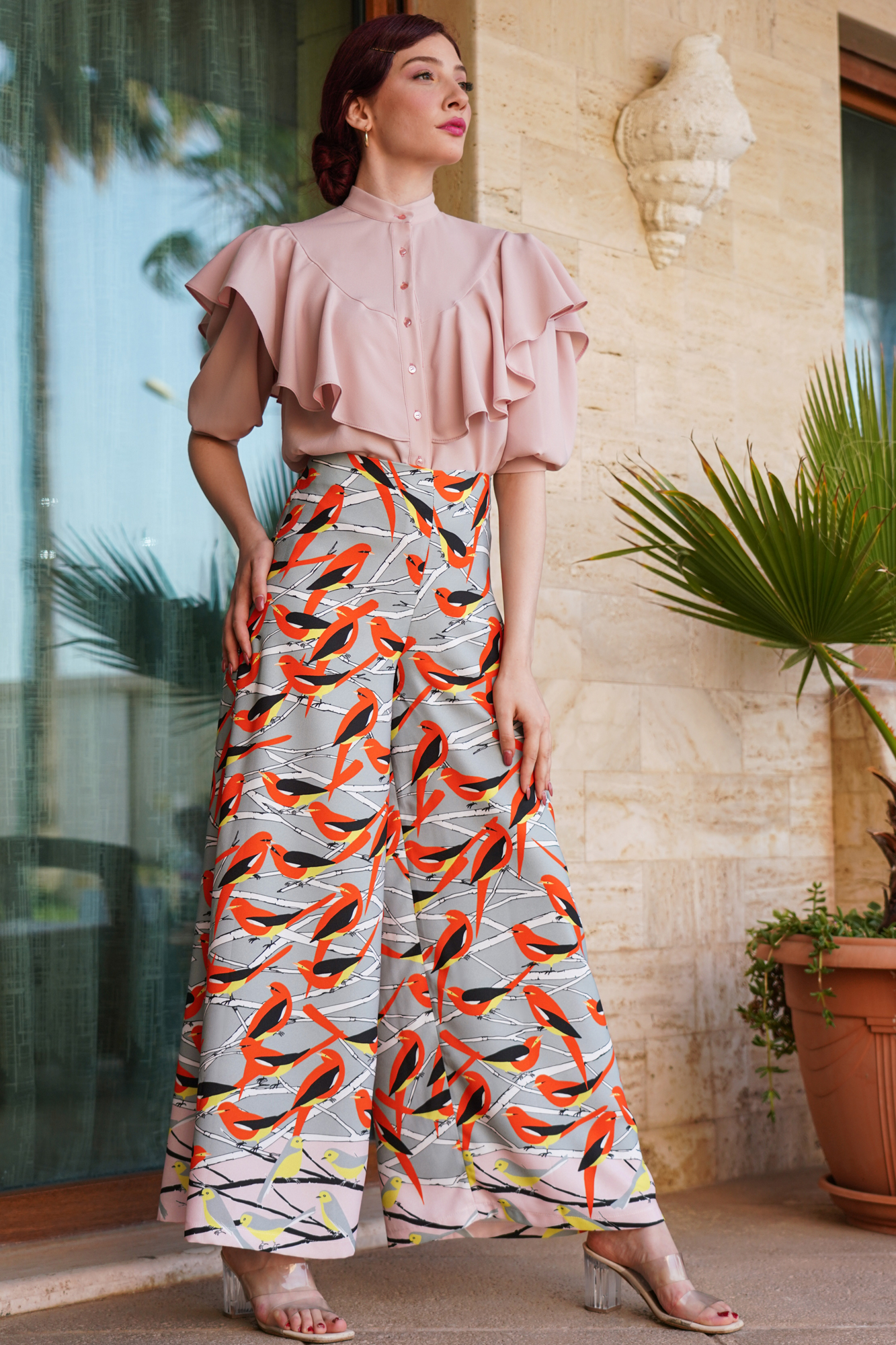 Super Wide Leg Orange Printed Pants