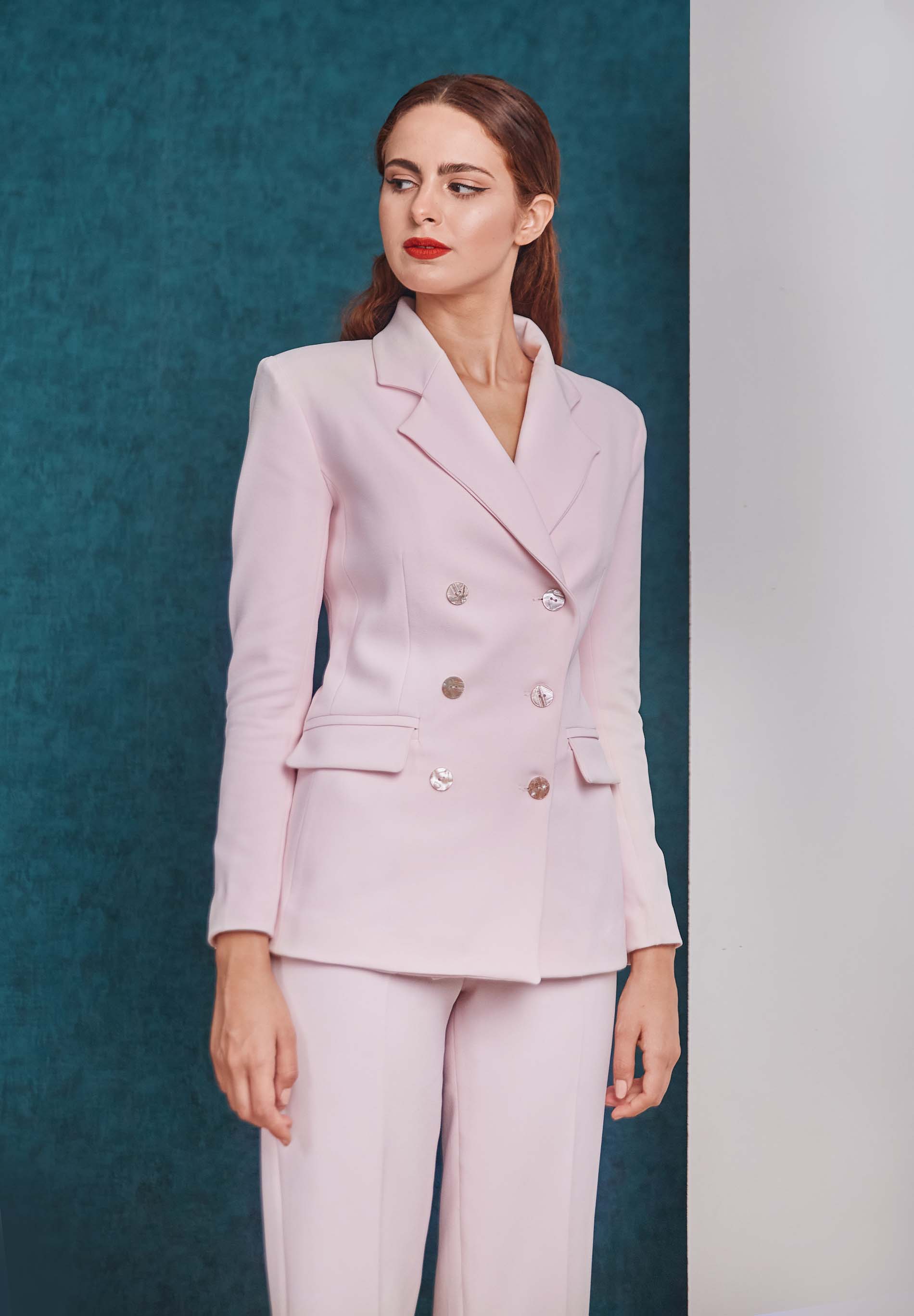 Tailored double breasted pink blazer
