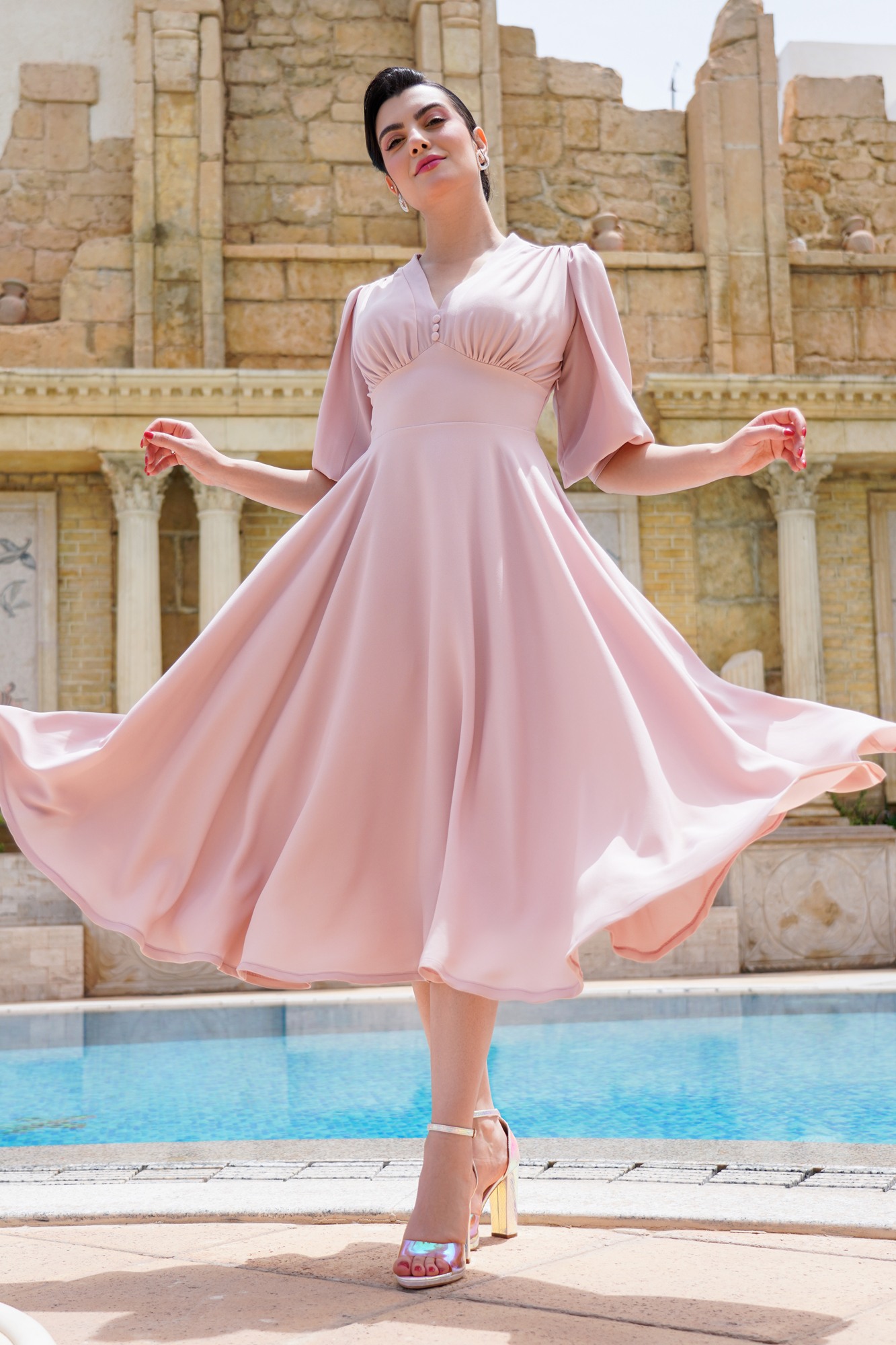 Empire Waist Pink Dress With Voluminous Skirt